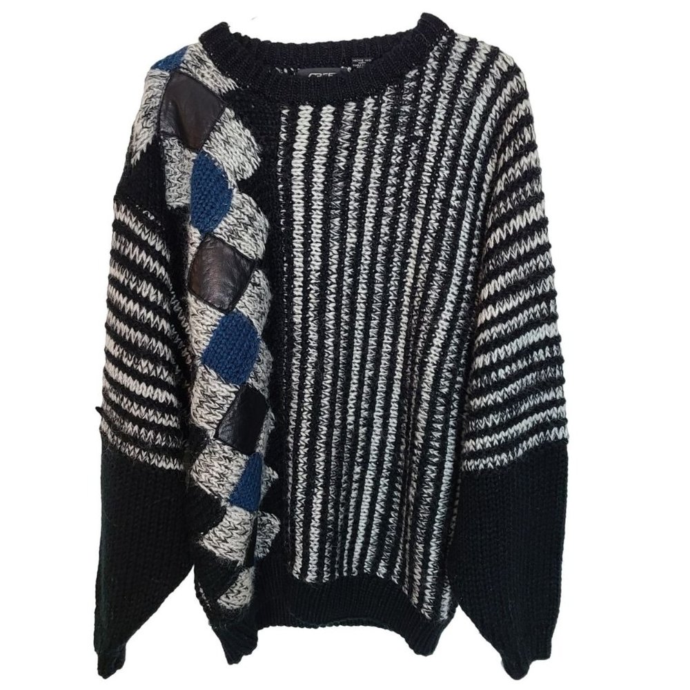 VTG 80s Street Scene Womens M Black White Argyle Striped Wool Blend Sweater